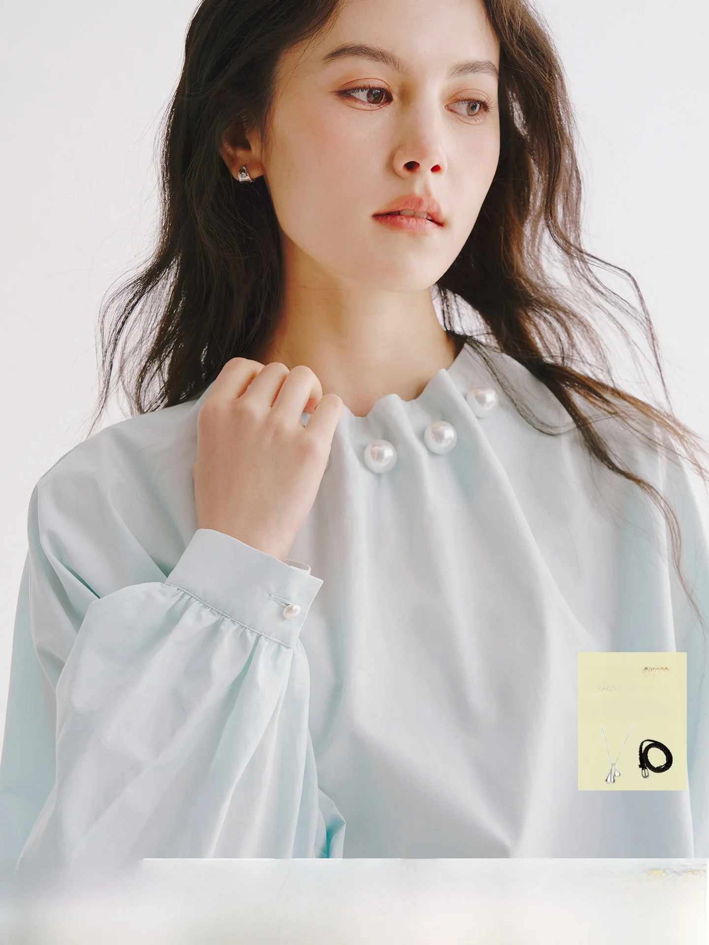 

next Weekend Loose Gathered Stand Collar with Pearl Embellishment And Lantern Sleeves Casual Style Women's Shirt