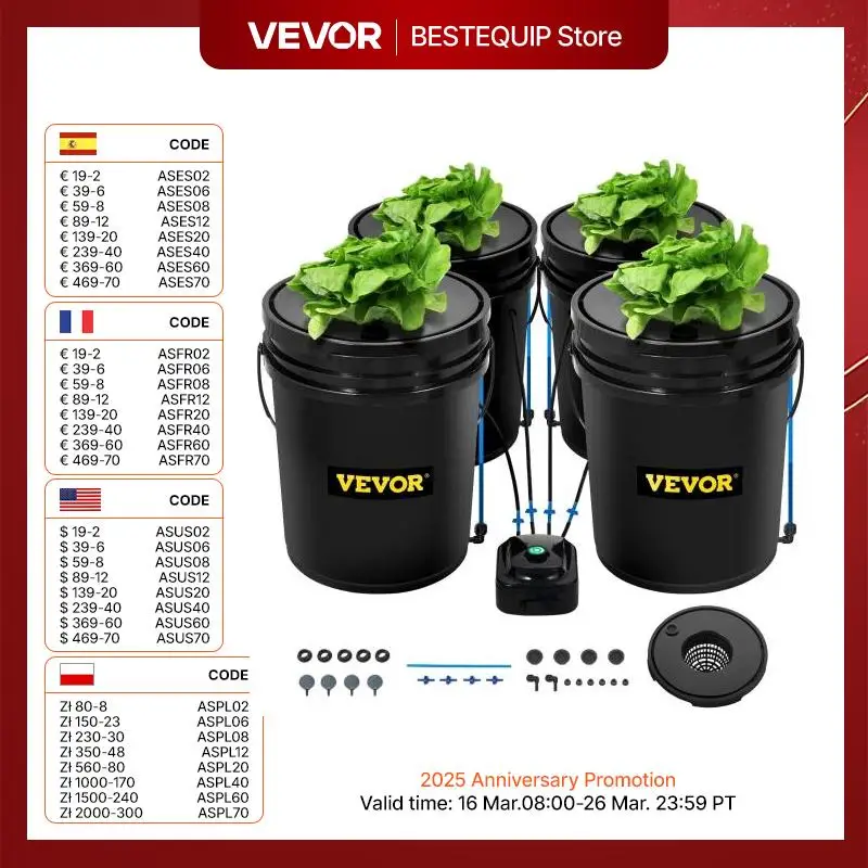 VEVOR Hydroponics Deep Water Culture DWC Hydroponic System 5 Gallon 4 / 5 / 8 Buckets Hydroponic Systems, Parts & Accessories