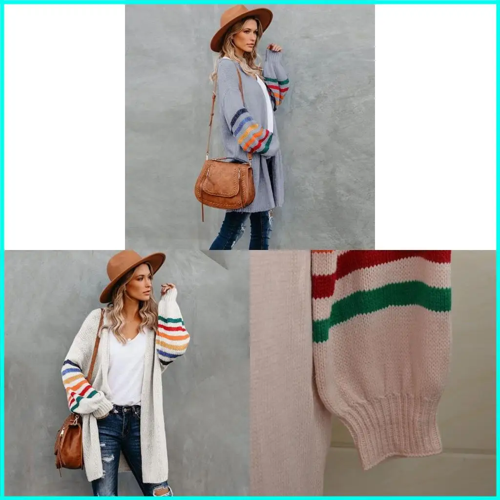 

Women Lantern Long Sleeve Sweater Coat Colorful Striped Open Front Knit Cardigan