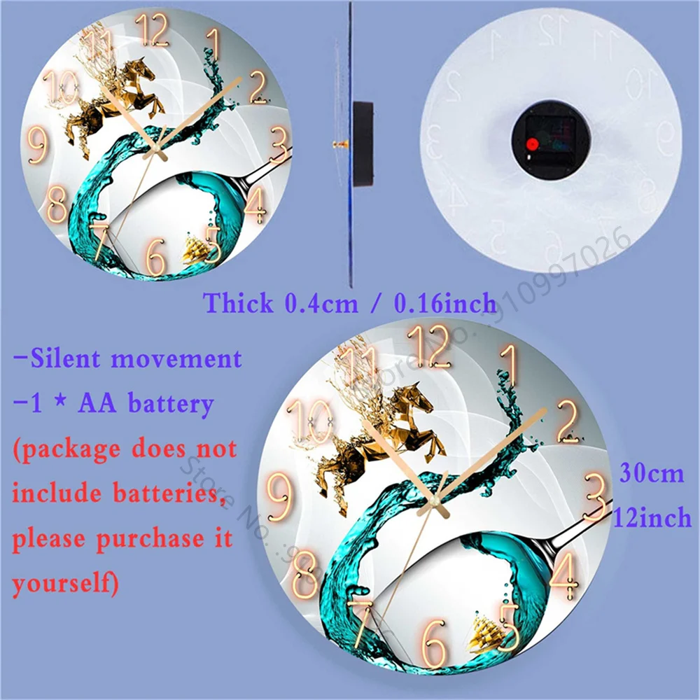 12inch Wall Clock Geometric Elements Dark Blue Clock Thickened Tempered Glass Silent Movement Quartz Clock Living Room Bedroom