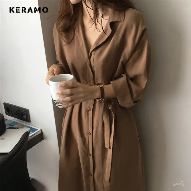 

2023 Summer Korean Casual Long Sleeve V-neck Solid Mid Long Coats Women's Elegant Classic Office Lady A-Line Trench Dress