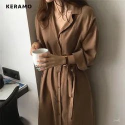 2023 Summer Korean Casual Long Sleeve V-neck Solid Mid Long Coats Women's Elegant Classic Office Lady A-Line Trench Dress