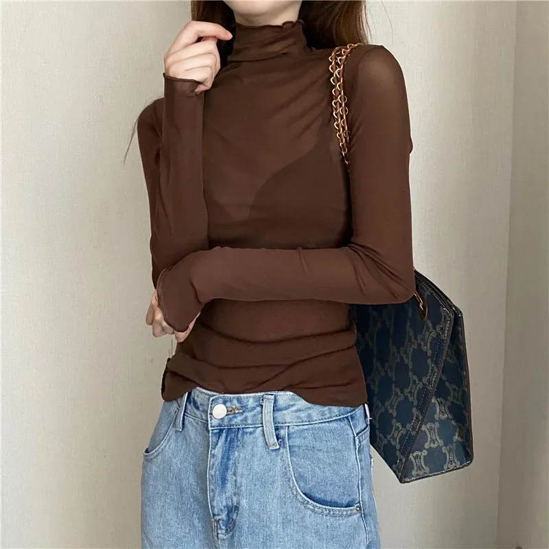 2022 Hot Women Summer Mesh Tops Long Sleeve High Neck Lettuce Edge Solid Color Slim Fit Sheer Beach Sexy Tops Perspective Gauze