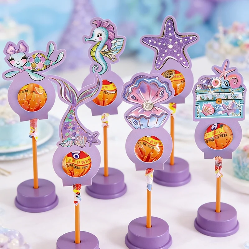 24 Stück lila Meerjungfrauen-Lollipop-Halterkarten, 6 gemischte Muster, Süßigkeiten-Lollipop-Papierkarten, Dekoration im Unterwasser-Thema, Geschenk-Gastgeschenke – Detail 4
