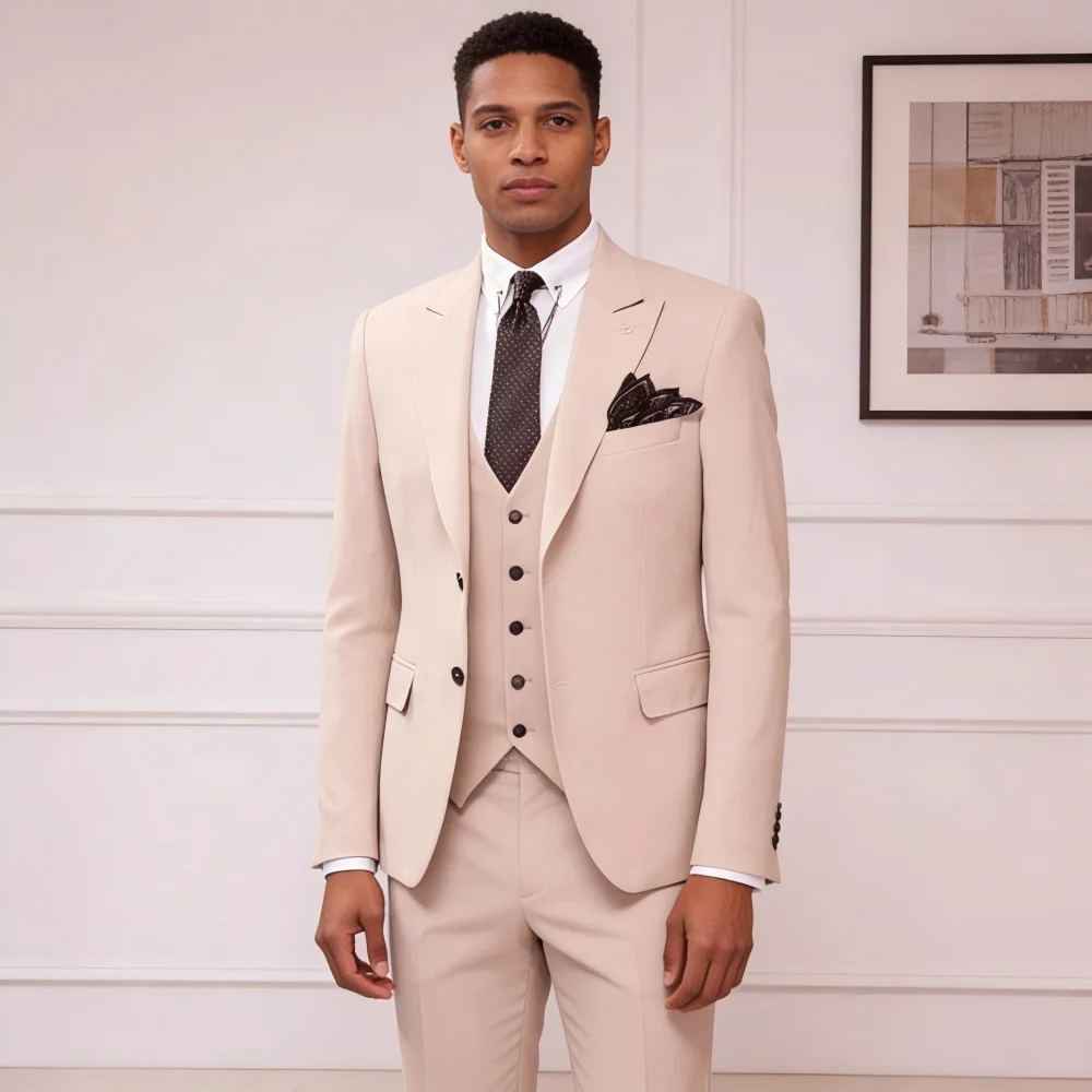 

3-х предметный приталенный смокинг цвета хаки, мужской костюм с пиковыми лацканами, формальный пиджак для свадьбы, танцевальной вечеринки + комплект жилета для мужчин