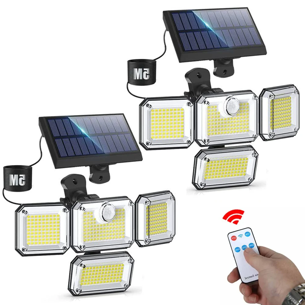 Solar Lights Outdoor 182 LED Wall Lamp with Adjustable Heads Security LED Flood Light IP65 Waterproof with 3 Working Modes