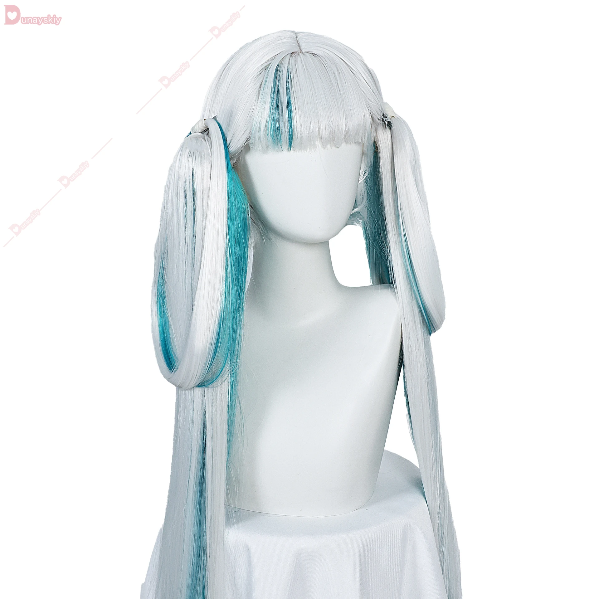게임 폭풍우 파도 Jinhsi 코스프레 가발, 화이트 블루 헤어, 해본 리뉴얼 더블 포니테일 헤어, 내열성 섬유 장미 가발 그물