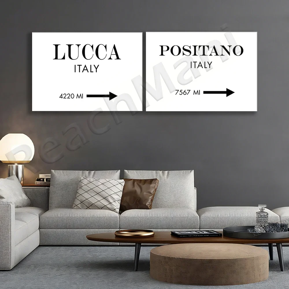 Positano distance, Lucca distance poster, modern wall art in Tuscany, Italy. Mileage sign, travel gift print