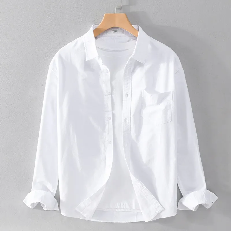 Loose Casual Oxford Cloth Men's Long Sleeve Shirt Pure Cotton Spring Autumn Japanese Style Inner Wear Base Layer Pure White