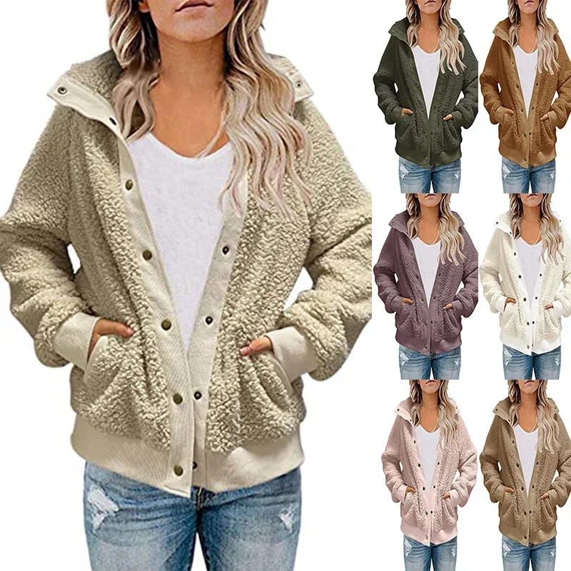 Women's Solid Color Long Sleeved Stand Up Collar Button Loose Cardigan for Autumn and Winter 2024