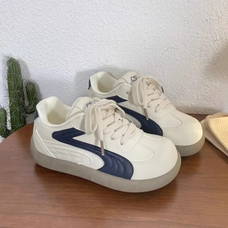 Vintage Women Chunky Sneakers White Navy Splicing Lace‑Up Thick Bottom Casual Sports Shoes Comfortable Daily Walking Footwear - view 5