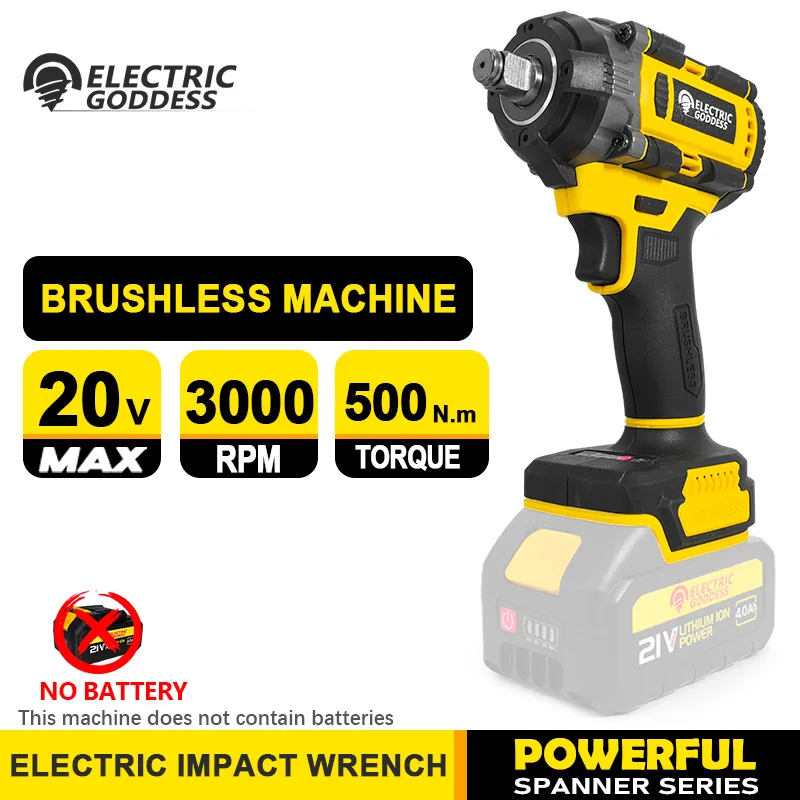 

Electric Goddess 500N.M Torque Brushless Motor Electric Impact Wrench Cordless Decoration Team Power Tool For Dewalt 20V Battery