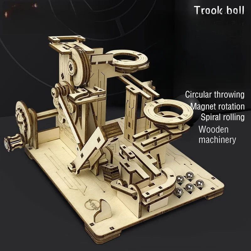 

3D ornament wooden stone throwing track ball manual assembly spiral mechanical transmission puzzle three-dimensional ornament