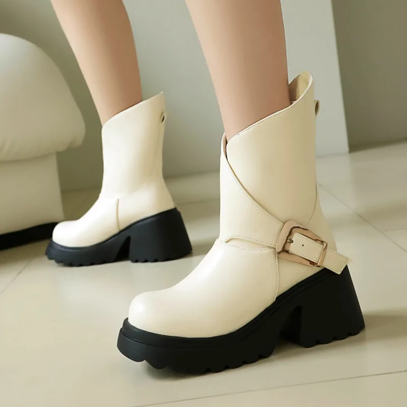 Brown Women Mid Calf Boots Round Toe Block Heel Platform Belt Buckle Big Size 43 44 45 Fashion Retro Botas French Boots