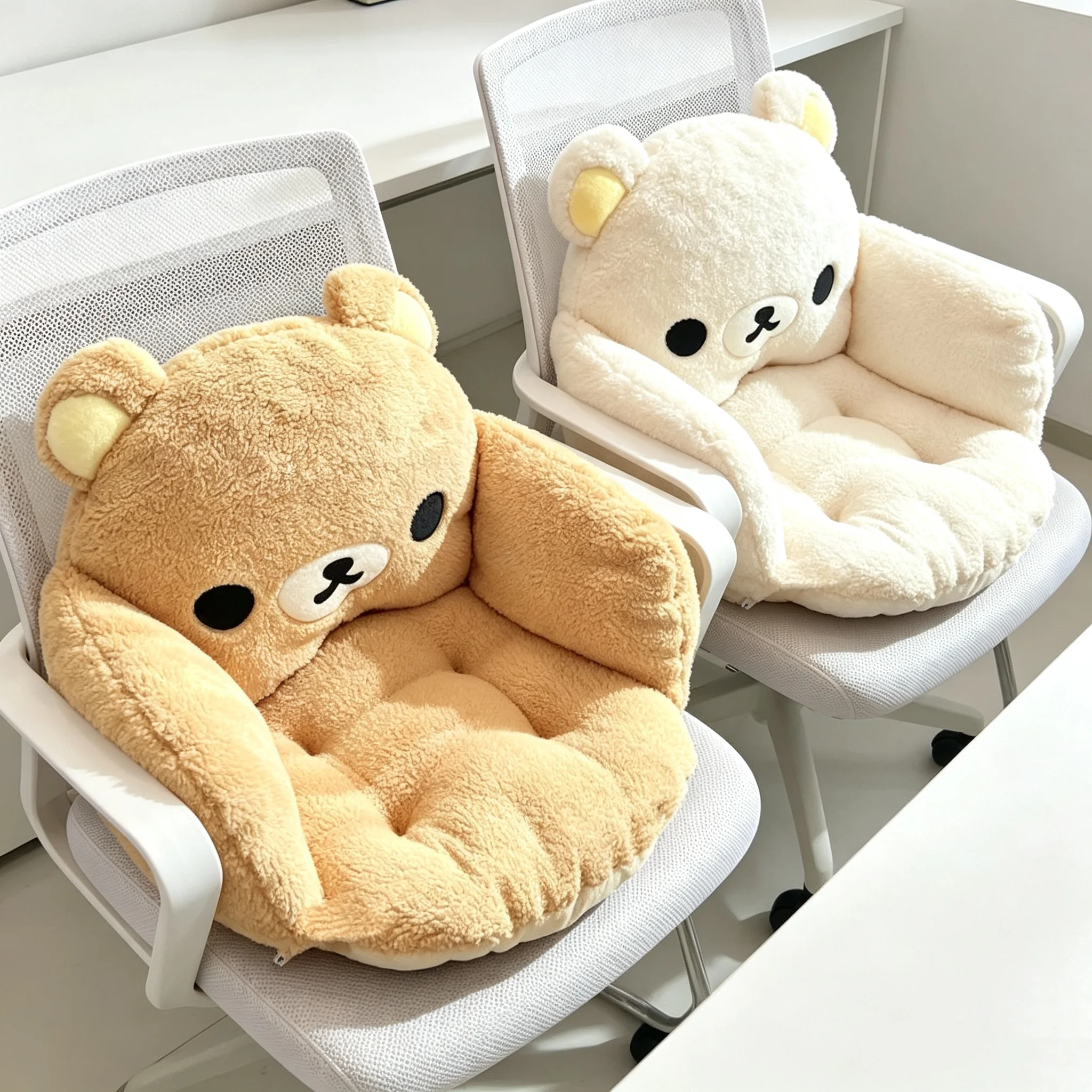 Cute Bear Full Surround Plush Chair Cushion, Thick Warm Seat Pad with Fixing Straps, Non Slip Comfort Seat Pillow for Office Din