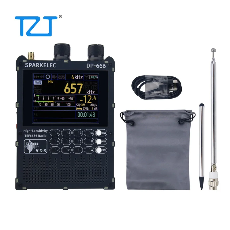 

TZT Black/White DP-666 High Sensitivity Full Band DSP Receiver FM/LW/MW/SW/OIRT Radio 2.8-inch IPS Touch Screen with Touch Pen