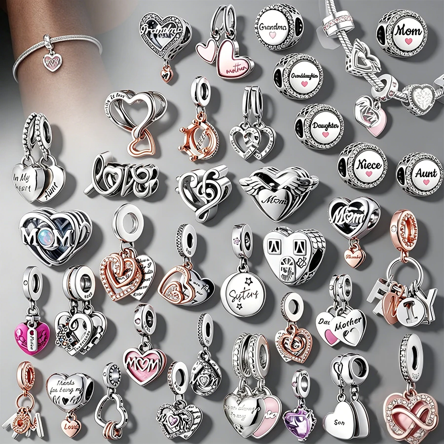 Ciondoli Famiglia e Amore 2026 in Argento Sterling 925, Compatibili con Bracciali Originali, Charm a Cuore per Mamma, Figlia, Zia, Regalo Fai-da-Te