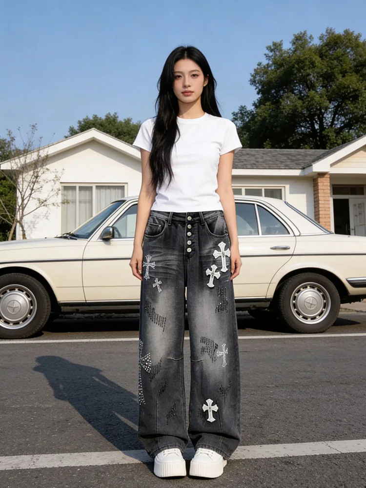Trendy Button-Up Cross-Design Loose Straight Leg Jeans Women's High Waist Wide Leg Pants Comfortable Slimming Denim Jeans