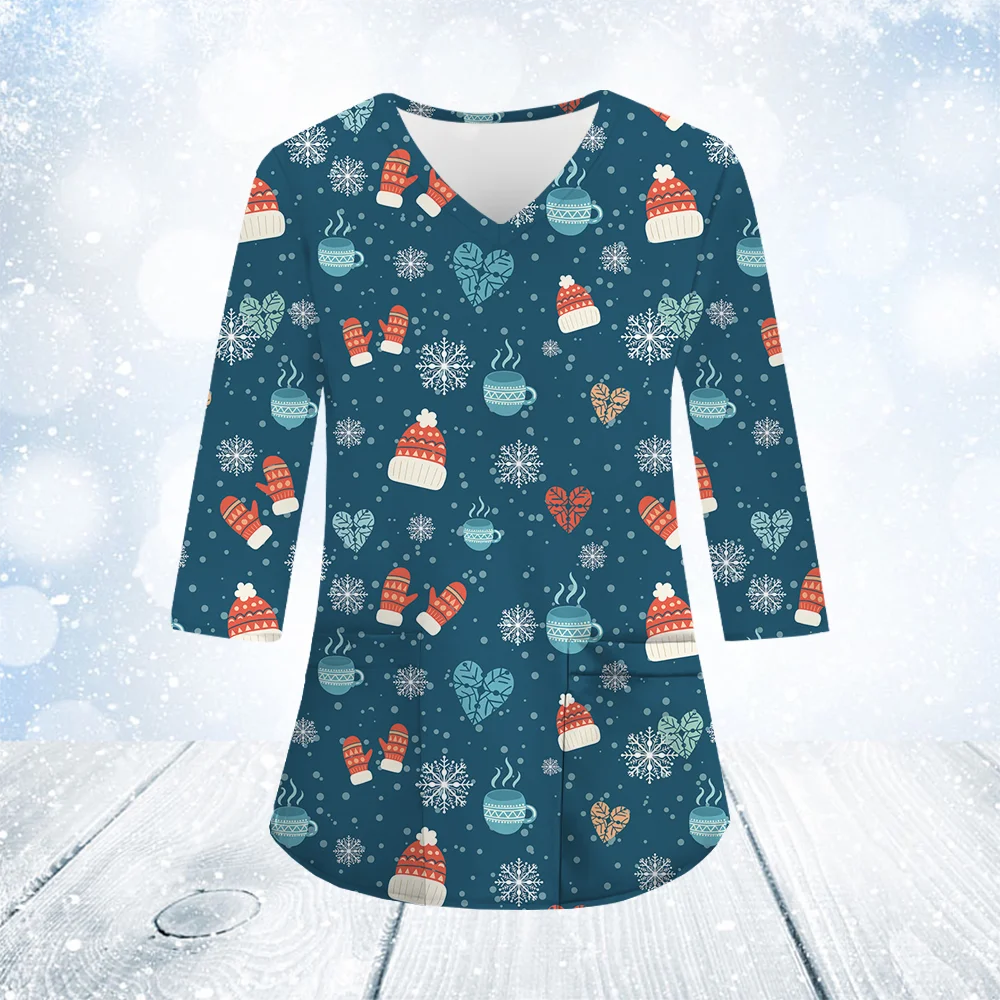 2024 nuevo Scrub médico mujer Navidad estampado de dibujos animados cuello pico manga larga bolsillos Material microelástico Tops uniforme de enfermera mujer