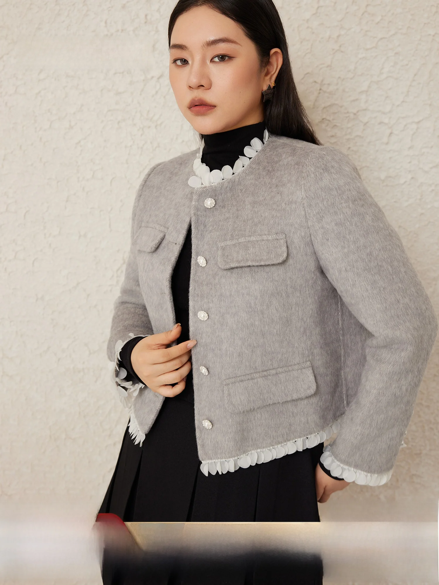 

Пальто Plusmall из двусторонней шерсти с кружевом, отделкой из кроличьего меха и шелковыми бахромами, прямого кроя, для повседневной носки