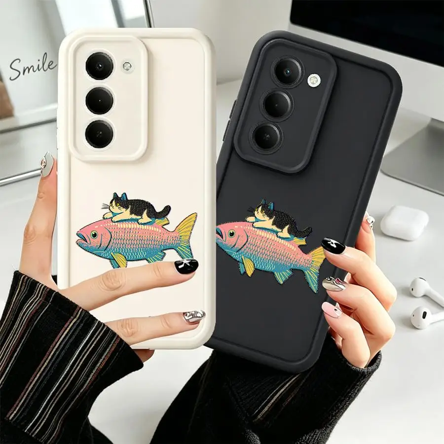 Riding Fish Cat Art Phone Cover Case for Samsung Galaxy A34 A23 A15 A16 A71 A72 A35 A36 A51 A73 A12 A13 A26 A32 A56 A53 A54