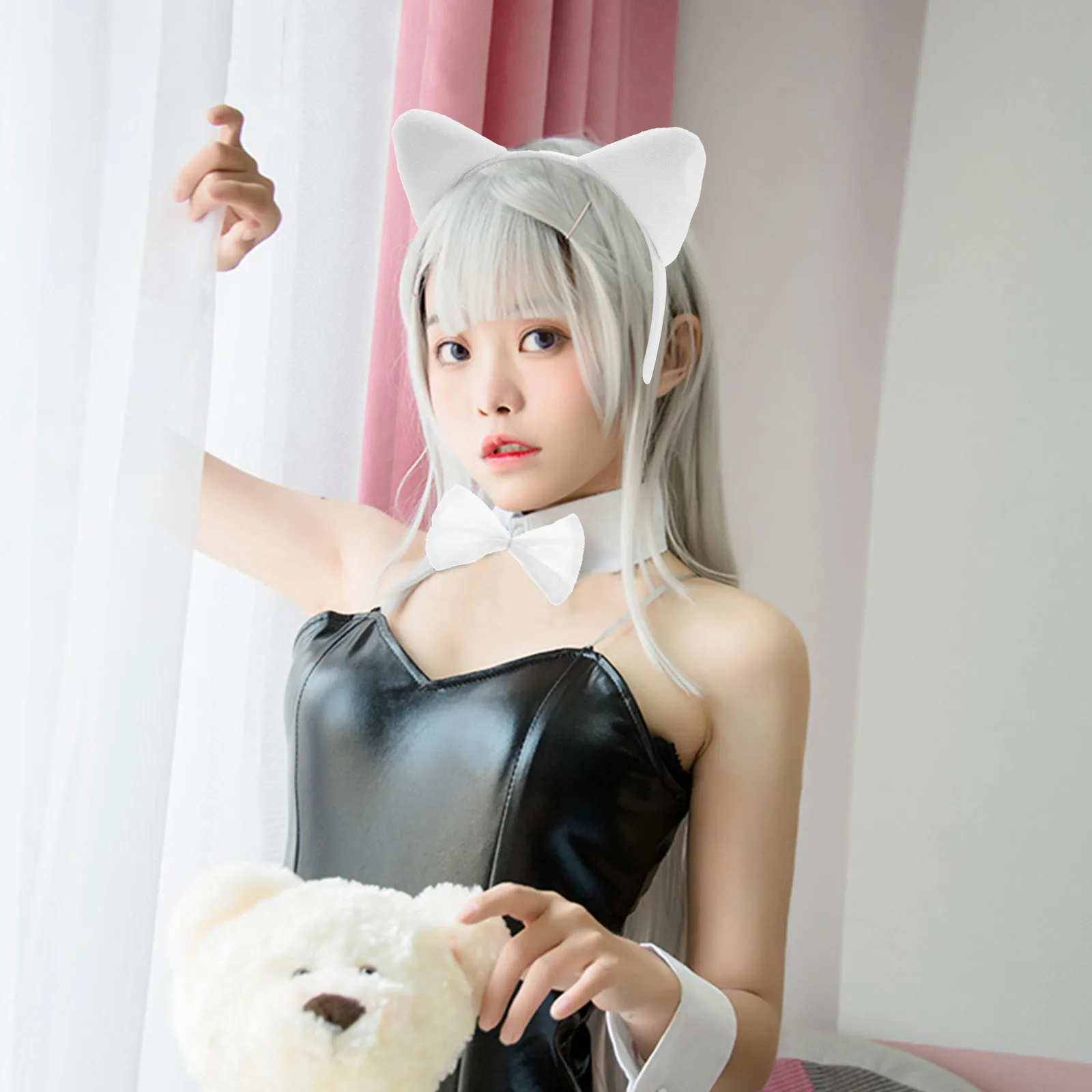 

1 set White Cat Set Cartoon Animal Ears Tail Bow Kids Costume Prop Accessories Cosplay Festival Headdress Bow Tie Set Party
