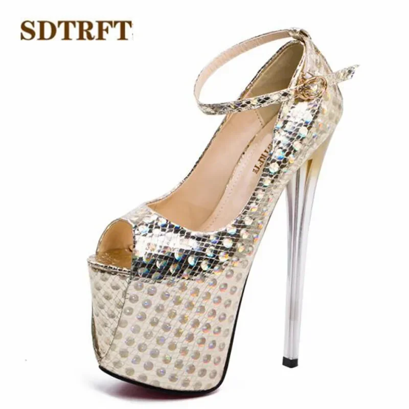 SDTRFT Crossdresser Summer Ankle Strap Sandals Wedding Platforms Shoes Woman 20cm Thin High Heels Sexy Peep Toe Gold Party Pumps