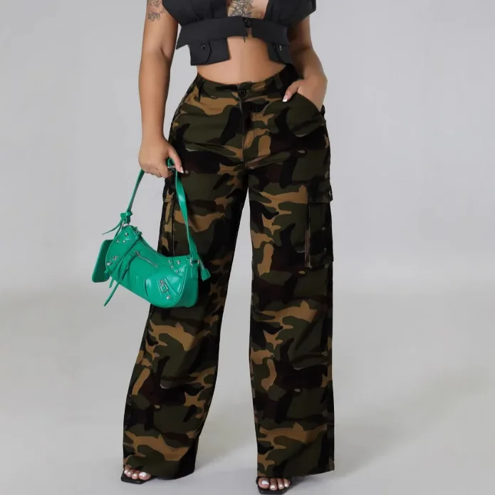 

Europe and the United States fashion loose cargo pants casual waist camo three-dimensional pocket zipper straight pants