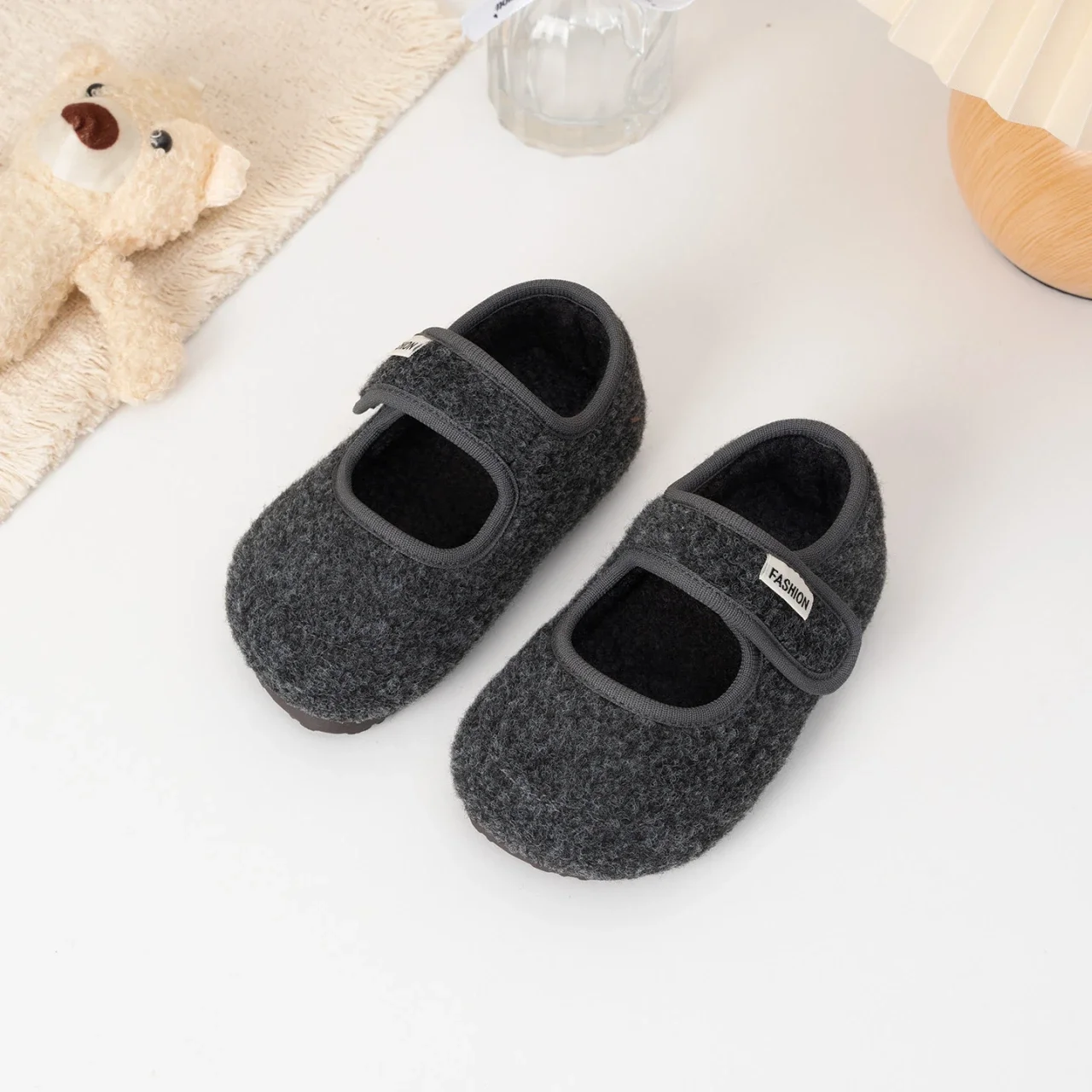 Kids Warm Felt Mary Jane Shoes Adjustable Strap Soft Non‑slip Sole Winter Home Outdoor Shoes