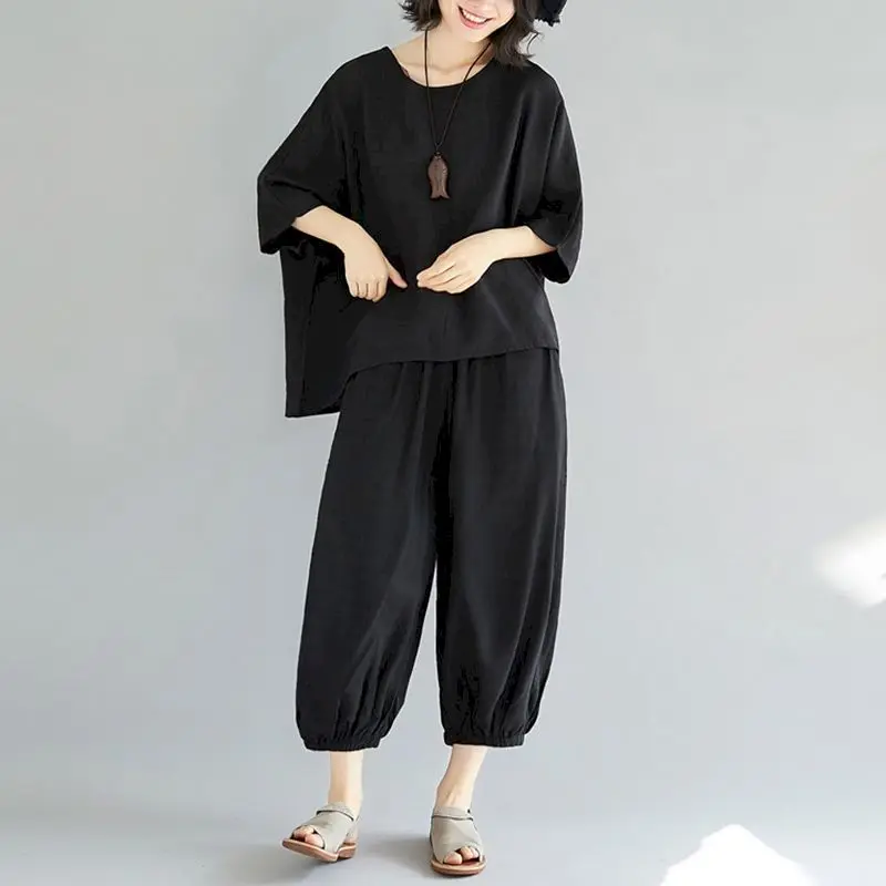 Large Size Casual Suits Women 2024 Summer New Fashion Slimming T Shirt Loose Pants Two Piece Sets Aesthetic Womens Tshirt Sets