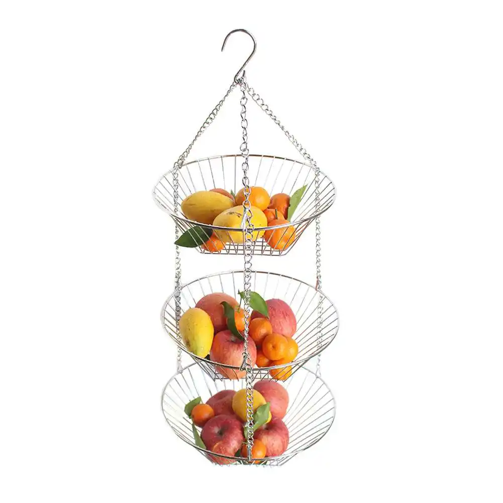 Hanging Fruit Basket Iron Art 3-Layer Baskets Fruit Tray Drain Basket Household Fruit Bowl Storage Basket