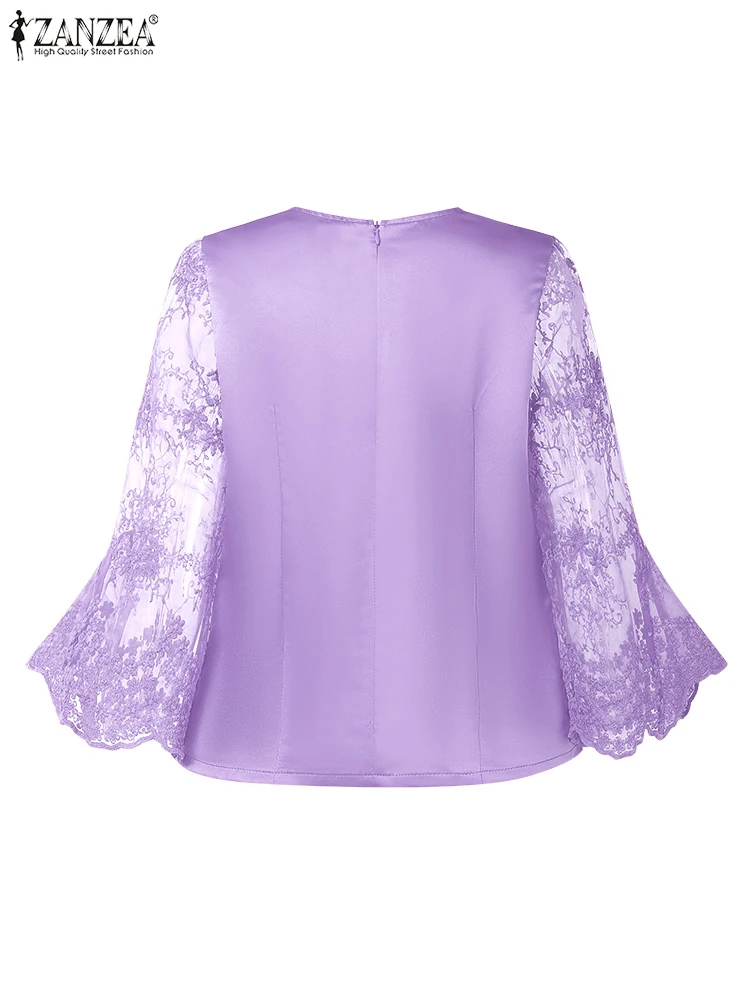 ZANZEA Blusas elegantes de satén brillante para Mujer, retales de tul bordado, cuello redondo, mangas acampanadas 3/4, Blusas para Mujer con clase, Tops sólidos