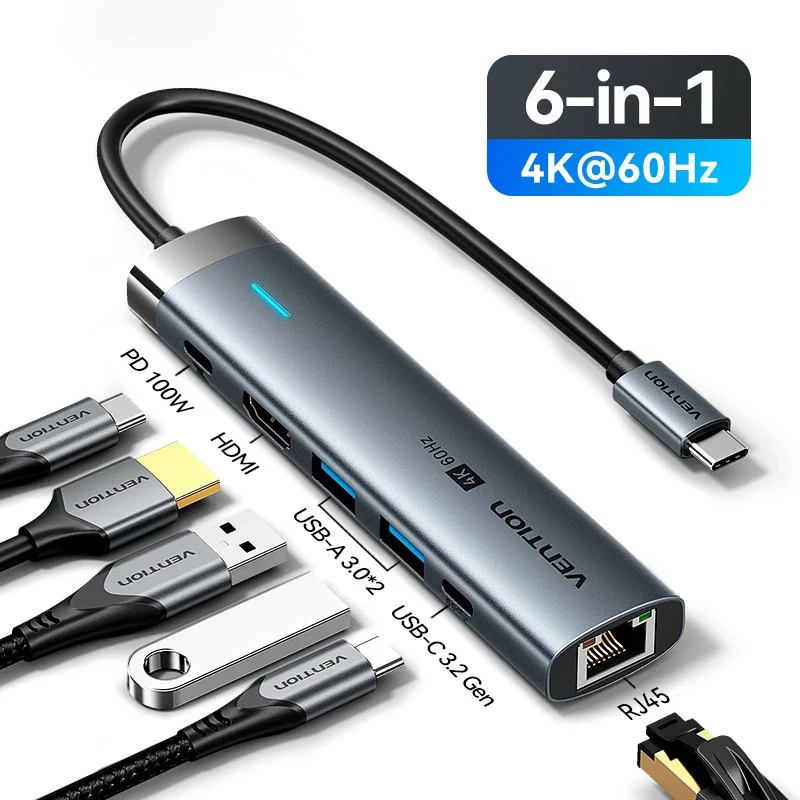 USB C 3.2 Hub Splitter, Type C to HDMI PD 100W Adapter, 4K 60Hz, RJ45, Macbook, iPad Pro Air M2, M1, Sumsang, PC Accessories