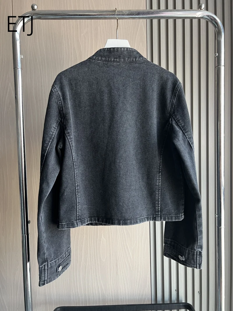 ETJ 2026 Damen Napoleon-Stil Jeansjacke Vintage Militär Doppelreihiger Mantel Silberne Knöpfe Slim Fit Herbst Oberbekleidung – Detail 18