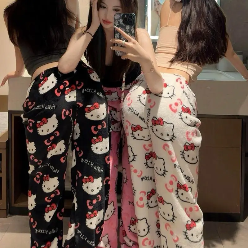 

Женские пижамные штаны в стиле аниме Sanrio Hello Kittys, осенне-зимние брюки из кораллового флиса, утепленные теплые повседневные домашние брюки, подарок для пары