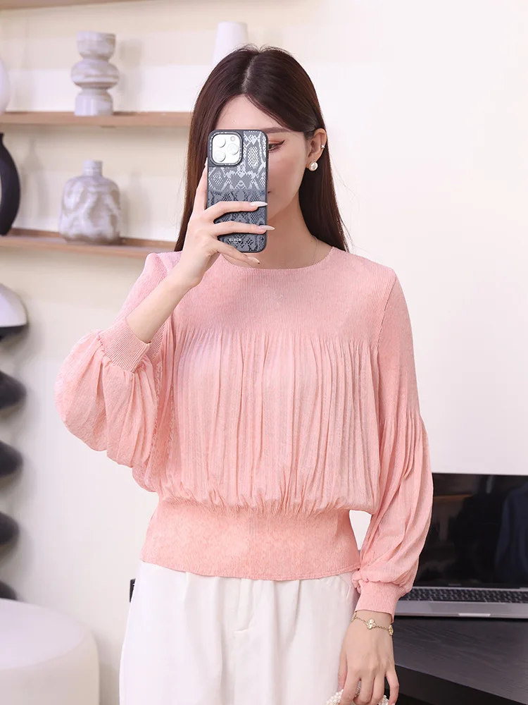 Miyake plissado camiseta outono 2025 novo elegante simples cor sólida plissado camiseta solta plus size cem topos de manga comprida