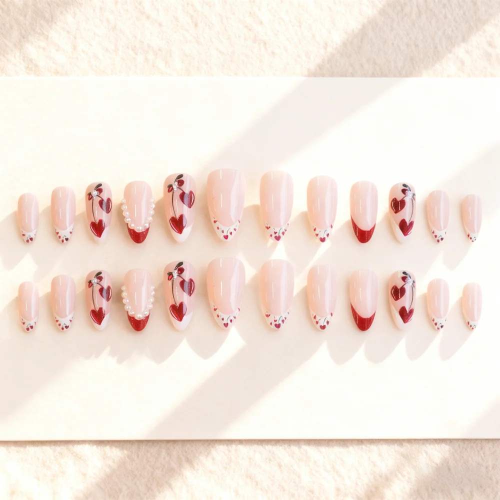 

Шикарный красный французский набор ногтей с вишневым жемчугом, полное покрытие, накладные ногти для девочек и женщин, съемные акриловые накладные ногти