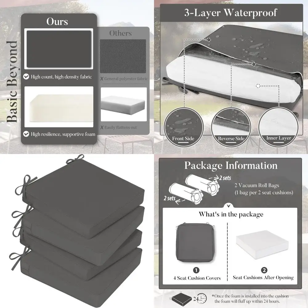 

Набор из 4 водонепроницаемых подушек для стульев для патио, 19 x 19, с завязками и ручкой, темно-серый