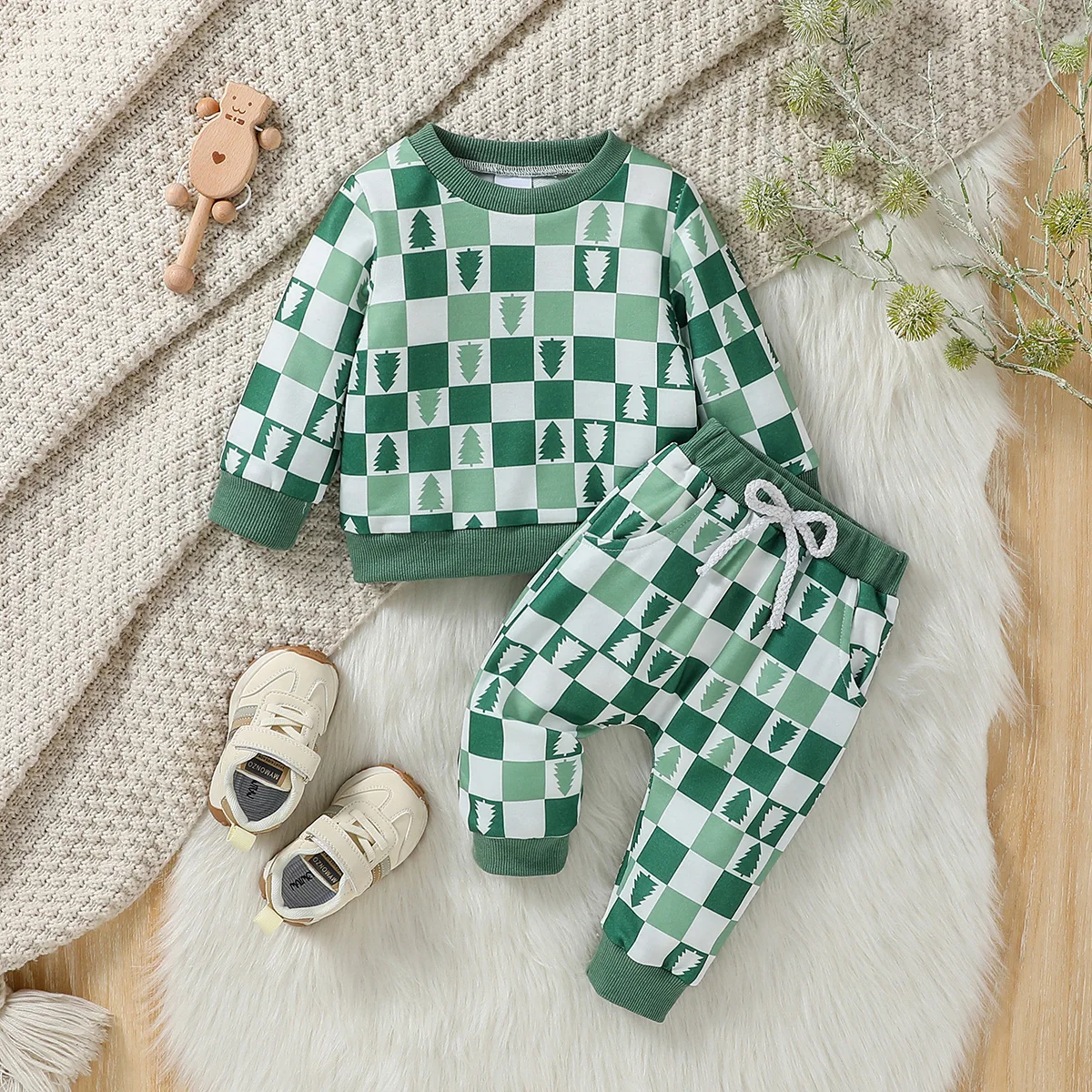 

(1-3Y) Baby Boys Long Sleeve Green Plaid&Christmas Trees Sweatshirt +Trousers For Fall Casual sporty Clothing Set