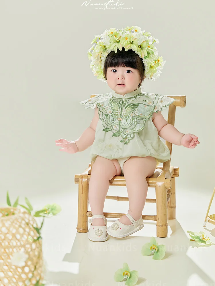 1 Year Old Girls Green Printed Bodysuit Pretty Embroidered Phoenix Collar Shawl Photography Set Chinese Elements Style Costume