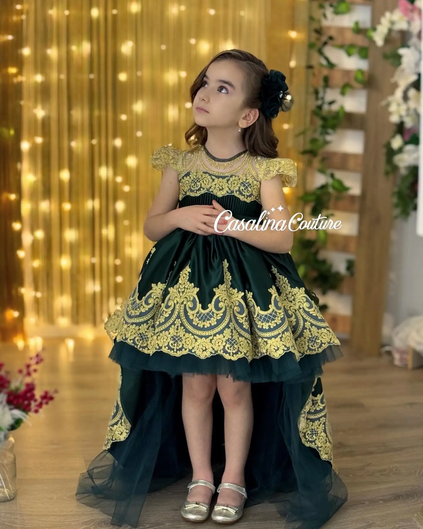 

Emerald Ball Gown Pageant Dresses Lace Appliques Children Birthday Gowns Tiered Floor Length Little Girls Photoshoot Dresses