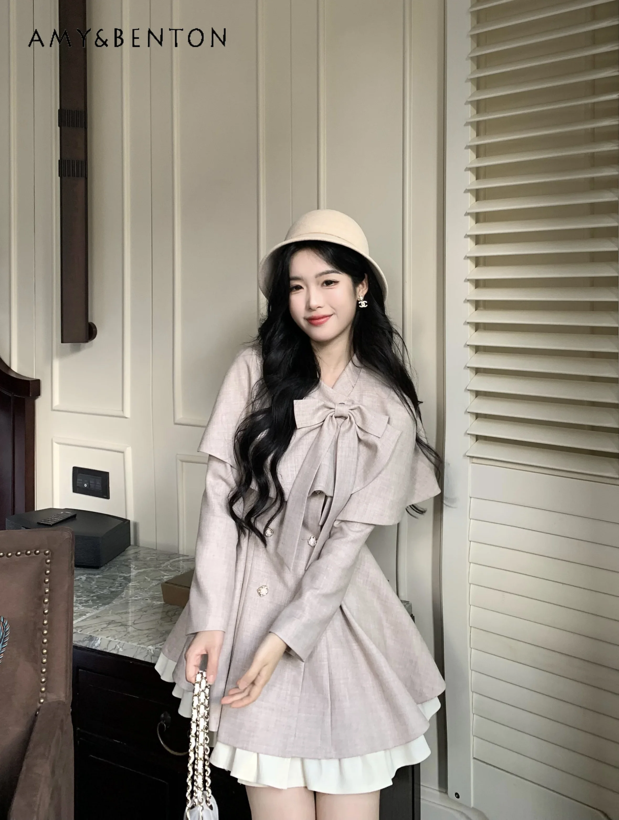 French Graceful Princess Retro Shawl Cape + Temperament Suit Mini Dress Two-piece Set Women Autumn New Long Sleeve Dress Sets