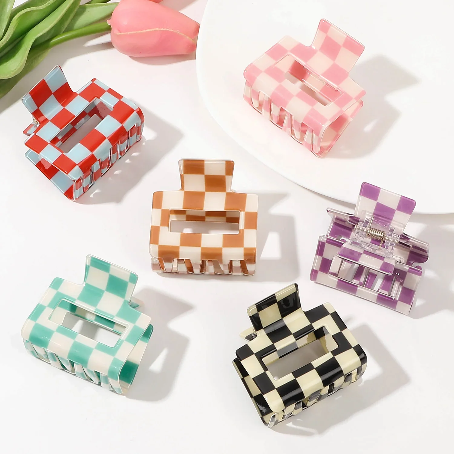 8cm Plaid Square Hairpin Fashionable Color Matching Women's Back of Head Hair Grabber Holiday Party Girl Hair Accessories Gift