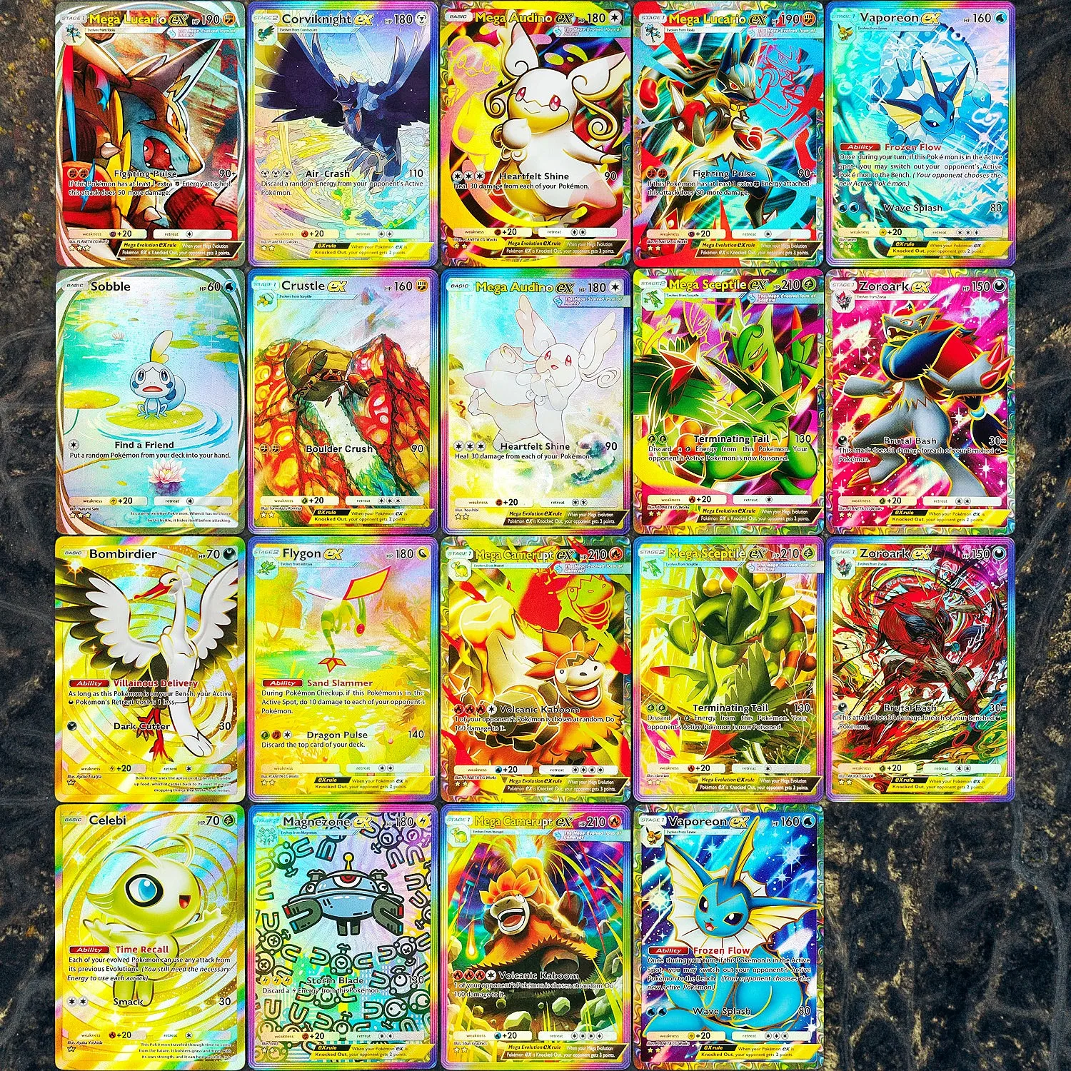 Lucario Corviknight Audino Vaporeon Sobble Zoroark Celebi Flygon Magnezone 19 Stück DIY Folien-Textur Premium Anime Sammelkarten