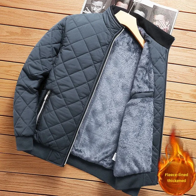 Cross-Border Winter Men's Stand Collar Fleece-Lined Thickened Cotton Coat Trendy Middle-Aged Lightweight Feather Cotton Coat War