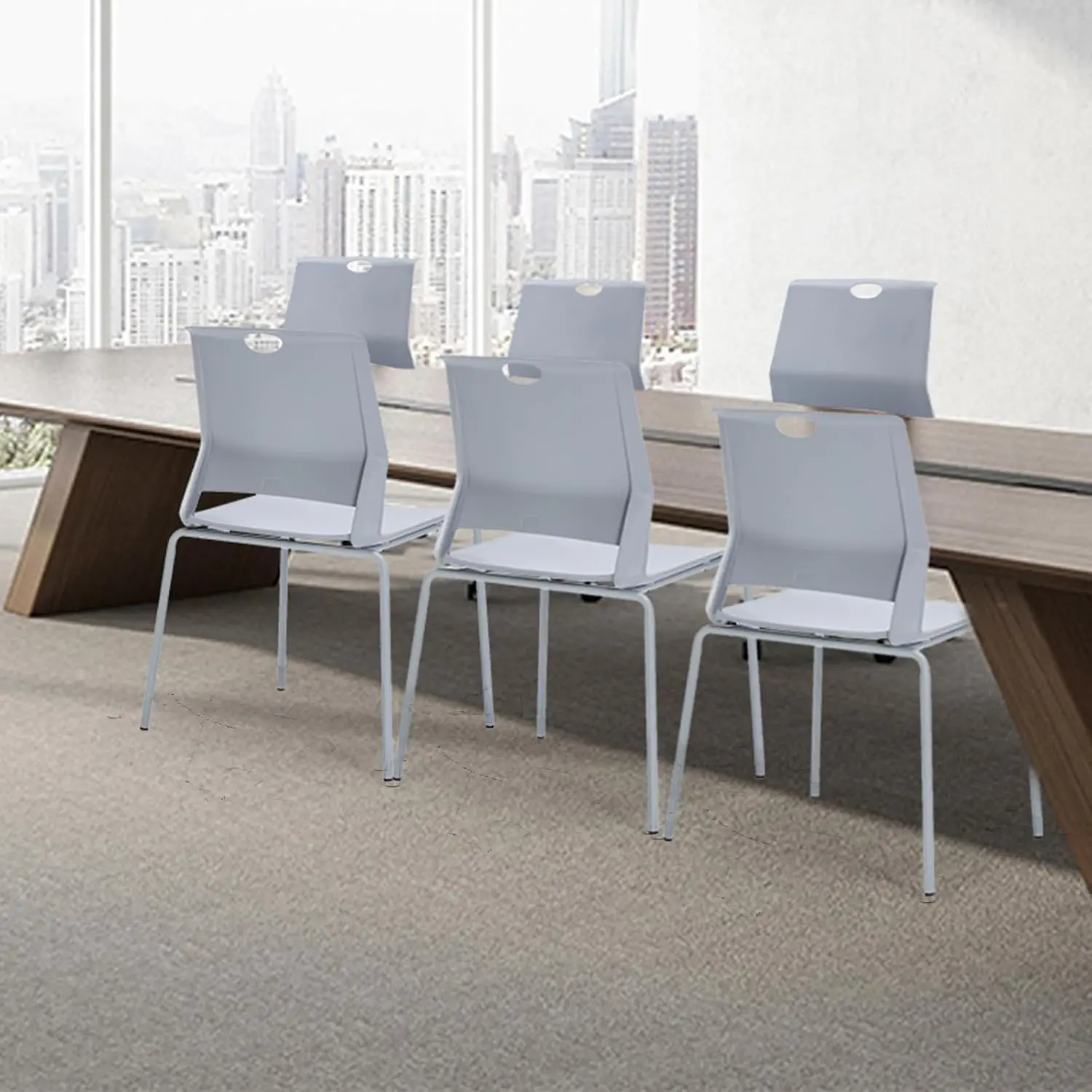 Grey Stackable Chairs Set Of 4, Modern Office Guest Chairs Wide Seat, Stackable Dining Chairs, Plastic Chairs For Conference