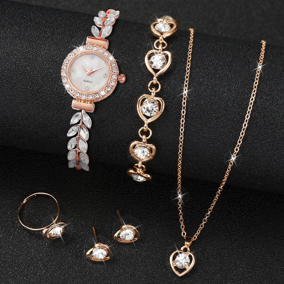 6Pcs/set Women Fashion Bracelet Watch Quartz Watch and Heart-shaped Jewelry Set(Box Not Included )