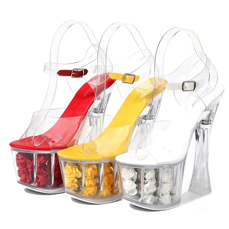 Summer Shoes For Woman 17cm Super High Heels Flowers Platforms Ankle Strap Sandals Transparent Crystal Wedding Pumps Sandalias image 2