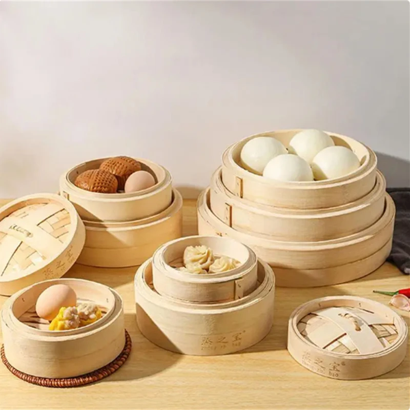 10/13/15cm  Chinese Dumplings Bamboo Steamer Cooker with Lid Dimsum Steamer Fish Rice Vegetable Basket Kitchen Cooking Tools