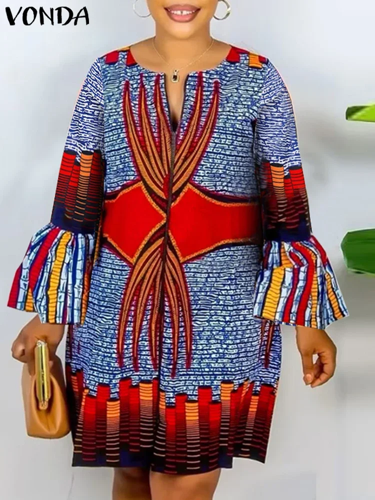 

Плюс размер 5XL VONDA 2025 летнее женское платье в богемном стиле с длинными расклешенными рукавами винтажный мини-сарафан с принтом и v-образным вырезом повседневное короткое платье